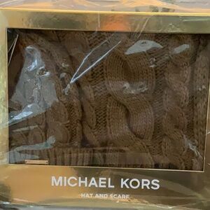 Michael Kors Brown Cable Knit Hat and Scarf Set